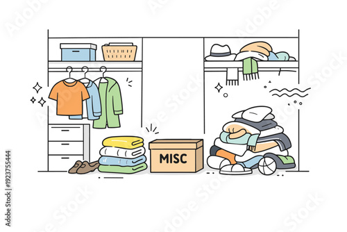 Closets half organized. Box labeled ?misc? placed next to neatly folded seasonal clothes. Tension between structure and flexibility in