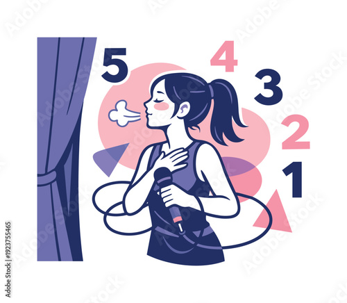 Backstage nerves. Singer breathing deeply behind the curtain, microphone cable looping