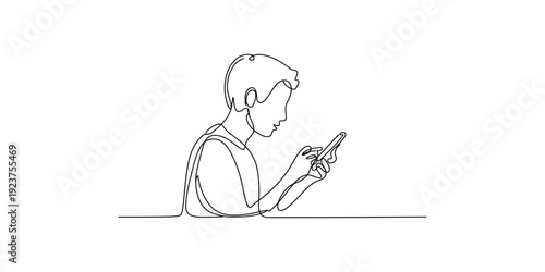 Continuous line art drawing of a young person looking down at a smartphone, representing digital communication.