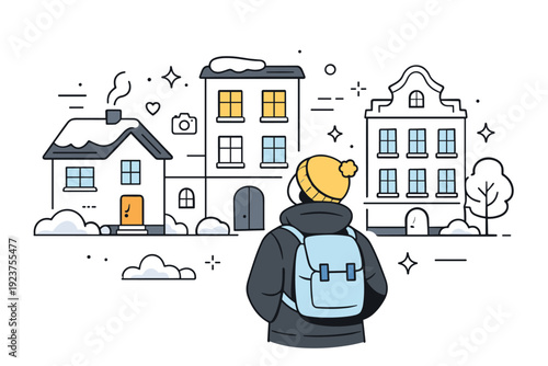 Winter city sightseeing for locals ? rediscovering local architecture. A peaceful scene with a person pausing to look up at