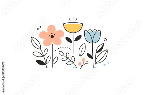 Abstract floral graphics. Simplified flowers and foliage interpreted through modern shapes and soft proportions. Calm, creative botanical