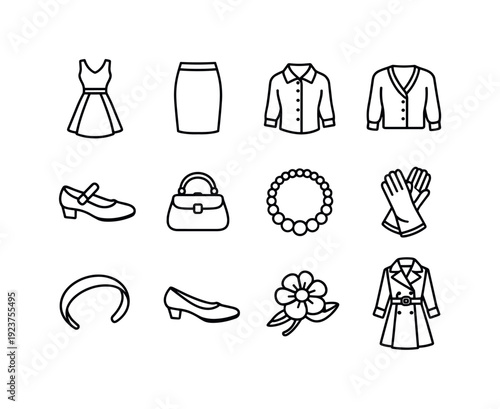 Classic womenswear. Line icon set of classic womenswear: a line dress, pencil skirt, blouse, cardigan, mary jane shoes, handbag, pearl