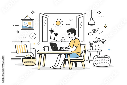 Working remotely from a summer retreat. A freelancer types on a laptop while surrounded by light furniture and natural textures, with open doors leading