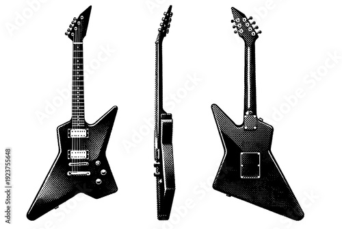 Electric guitar, retro electric guitar with angular body shape, bolt-on neck, and distinctive headstock shown in three views emphasizing