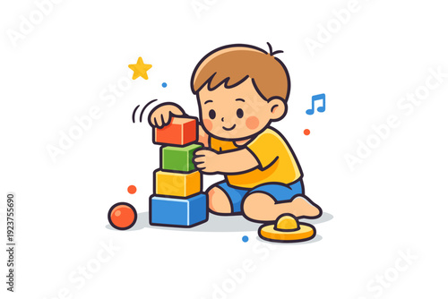 Child development small child stacking blocks with gentle motion cues, conveying coordination, focus and gradual skill building. A friendly visual badge for