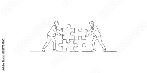 Two businessmen working together to assemble a large puzzle, symbolizing teamwork and collaboration.