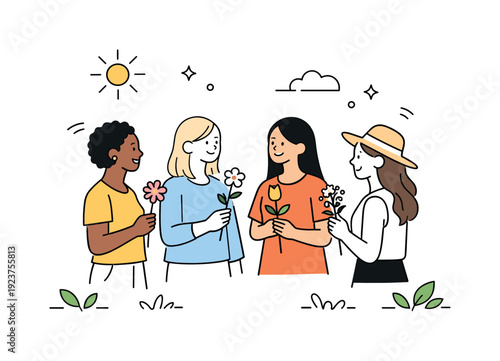 Floral Gathering Outdoors. Women meeting outdoors with flowers. Small group of women gathered loosely, each holding a single stem. Informal meetup, calm joy