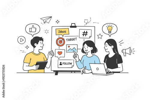 Exploring careers in social media and digital marketing. A small team discussing campaign ideas around a simple mood board with icons and