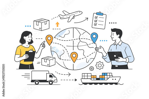 Logistics and supply chain. Professionals coordinating shipments with boxes, location pins, and connecting routes. Calm editorial scene
