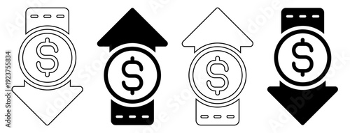 Financial Market Trends Icon Set with Dollar Coin and Up Down Growth Arrows