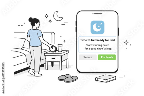 Health app notification. Evening scene with a phone showing a sleep reminder, person preparing to rest. Peaceful and reassuring mood with