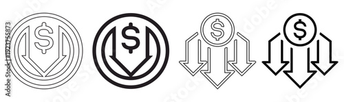 Dollar Value Decrease and Financial Crisis Vector Icon Set