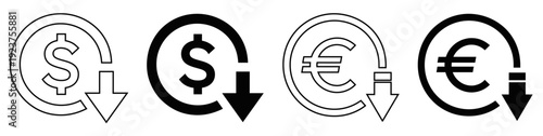 Financial Crisis and Currency Devaluation Vector Icon Set with Dollar and Euro Symbols