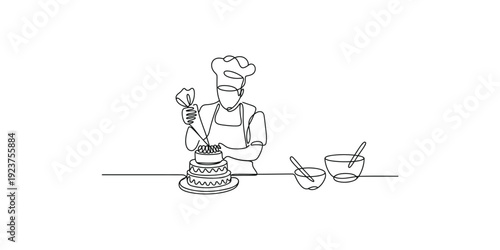 A black and white line art illustration of a professional chef decorating a layered cake with a piping bag