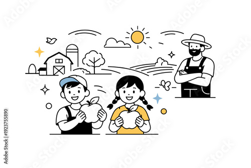 Rural Family Harmony. Rural family life and agriculture. Children proudly holding apples while a farmer watches nearby, creating a relaxed and trusting