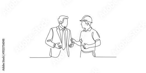 A continuous line art illustration depicting a discussion between a businessman and a construction worker