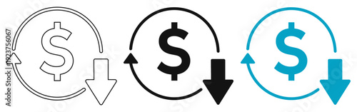 Dollar Currency Exchange Icon with Downward Arrow Financial Devaluation and Market Crash Vector