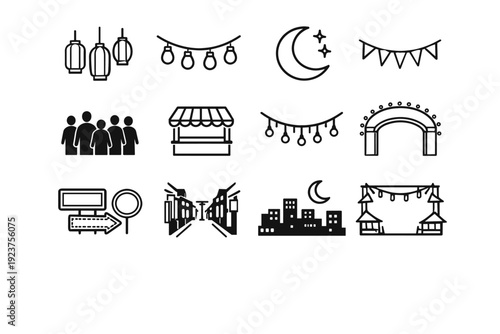 Night Market Icons. Night market atmosphere. Line icon set of Night market atmosphere: glowing lanterns, street light bulbs, night sky moon, festive banners,