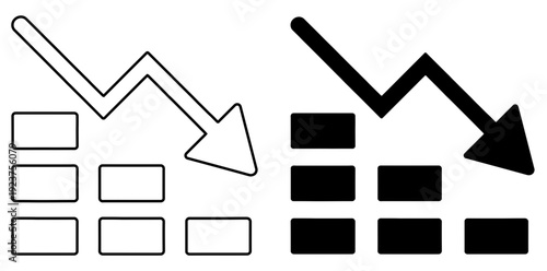 Professional Financial Decrease Vector Icon with Downward Arrow and Negative Business Bar Chart