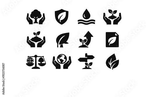 Nature Conservation Icons. Nature Conservation. Solid icon set of Nature Conservation: tree protection, leaf shield, water conservation, soil care, renewable