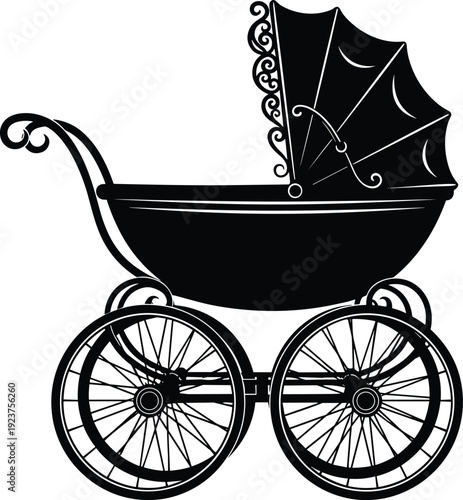 Vintage Baby Carriage Silhouette Illustration Featuring Ornate Canopy, Spoked Wheels, and Curved Handle Depicted in Black for Antique Design Concept