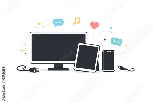 Digital screens off. Abstract editorial composition with dark screen shapes, unplugged cables, and soft floating icons fading away. Visual