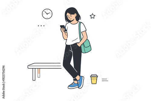 Unposed everyday portraits. A person checking a phone while waiting, neutral expression and natural stance. Everyday pause, subtle sense of time passing,