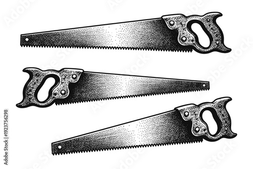 Woodcut style hand saw shown as a single object presented in three views: side view, opposite side view, and three-quarter view. Black and