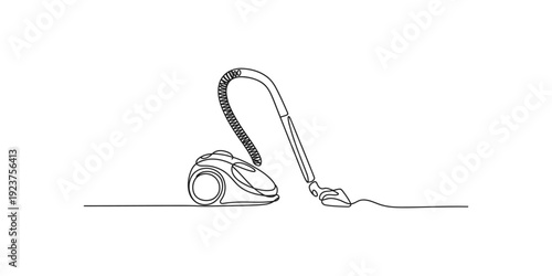 A simple continuous line drawing of a modern canister vacuum cleaner on a white background
