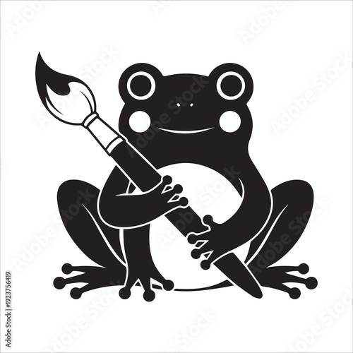 Cute Cartoon Frog Artist Holding a Paintbrush Black and White Vector Illustration
