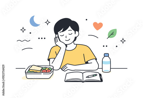 Midday pauses at work or school. A person sits at a desk with lunch and notebook, taking a quiet break between tasks. Calm moment of rest and