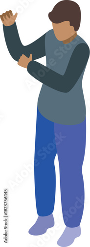 Young man with dark hair and casual clothes performing dab dance move, isometric view