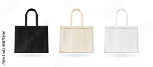 Tote cloth bags mockups in various colors. Vector set of realistic canvas eco shoppers. Blank fabric cotton or linen reusable grocery handbags. Eco friendly modern carryalls for shopping