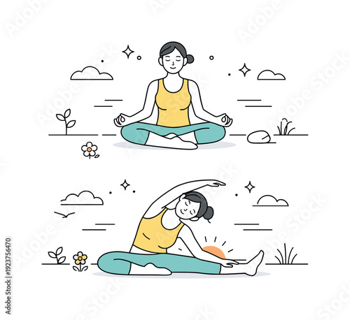 Spring equinox yoga outdoors ? Solo meditation and yoga flow. Person sitting cross-legged or stretching lightly, sun rising evenly on the