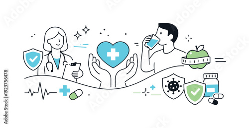 Healthcare abstraction. Editorial-style abstract artwork with simplified medical metaphors, gentle curves, and minimal icons expressing care