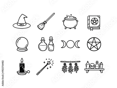 Witch themed decor. Line outline icon set of witch themed decor: witch hat, broomstick,