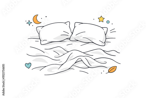 Wrinkled bedding impressions after rest. The bed shows gentle disorder, pillows shifted and sheets folded where sleep recently ended. The