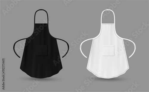Bib aprons with pockets. Vector kitchen smocks with neck strap and waist ties. Unisex protective restaurant or cafe garments for chefs. Professional clothes for preparing food cooking items