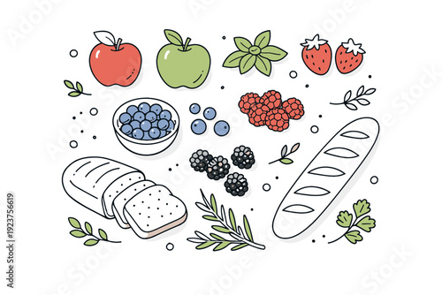 Organic food flat lay. A top-view arrangement of apples, berries, bread, and herbs carefully spaced. Calm everyday nutrition mood with simple