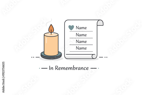 Names and memory. A candle next to a simple scroll or paper icon representing names of victims, quiet tribute and remembrance. Clean symbolic
