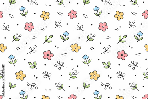 Minimal floral repeat pattern. Small stylized flowers and leaves arranged in a seamless repeating layout with plenty of white space. The