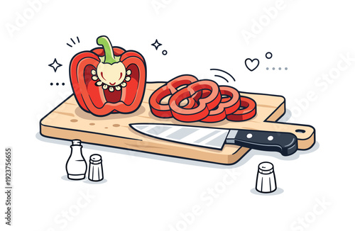 Ingredient preparation detail. A partially sliced vegetable shows inner structure and clean cuts. The scene conveys freshness, care, and