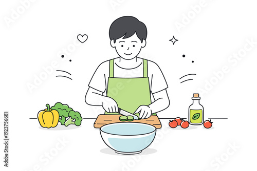 Mindful Meal Prep. Plant based meal preparation. A person calmly prepares a simple plant-based dish with vegetables and a bowl on a clean kitchen surface. The