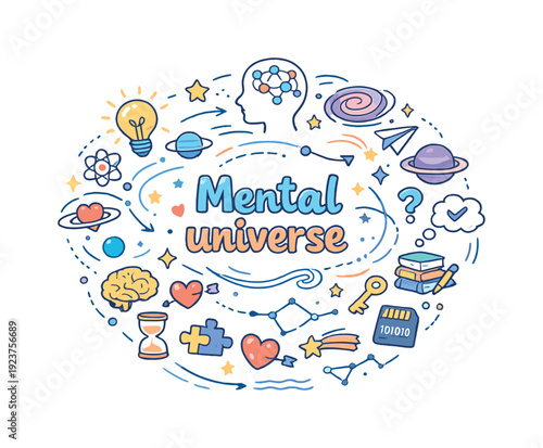 Mental universe. Hand drawn illustration of Mental universe. head outline, orbiting thoughts
