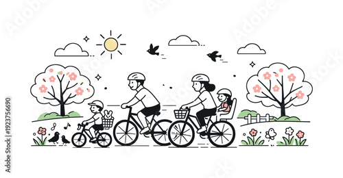 Happy family enjoying a sunny day cycling through a park with blooming trees and flowers