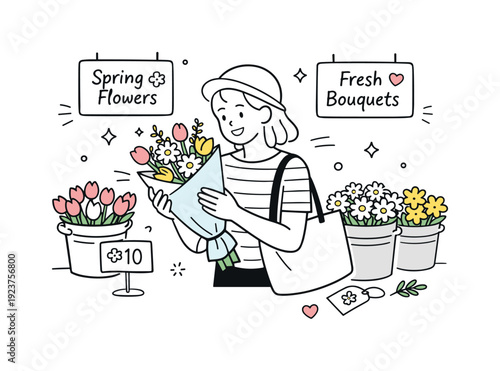 Buying flowers for spring holidays. A cheerful shopper selecting a bundle of colorful blooms wrapped in paper, surrounded by floral buckets