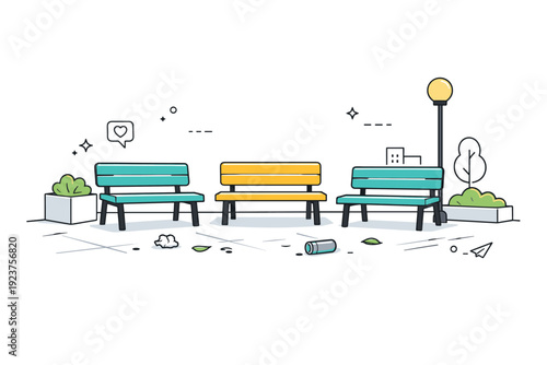Underused urban infrastructure. A public seating area with multiple benches left empty, slight shadows and debris. Designed space waiting for presence and use.