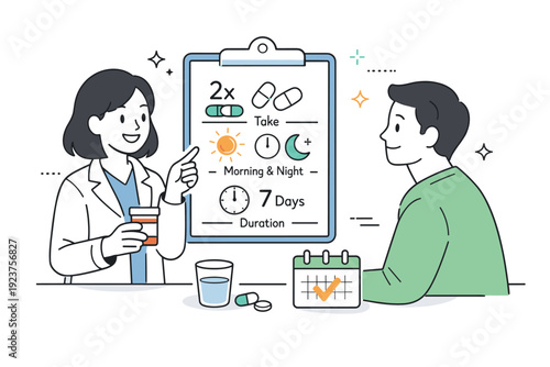 Clear dosage communication. A pharmacist explaining medicine instructions to a patient using visual cues. The scene conveys