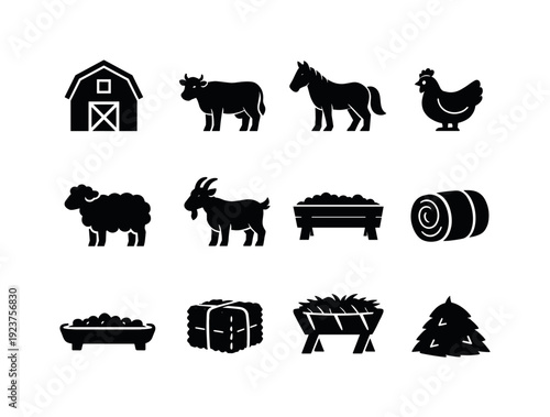 Barnyard care. Filled icon set of Barnyard care: barn, cow, horse, chicken, sheep, goat,