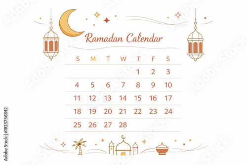 Elegant Ramadan calendar template. A refined calendar composition with crescent moon, lantern icons, and generous white space. Serenity, tradition, and modern